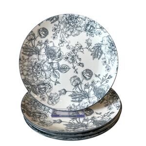 Godinger English Garden Porcelain Salad Plates 4pc 7.5in Gray & White Floral NEW